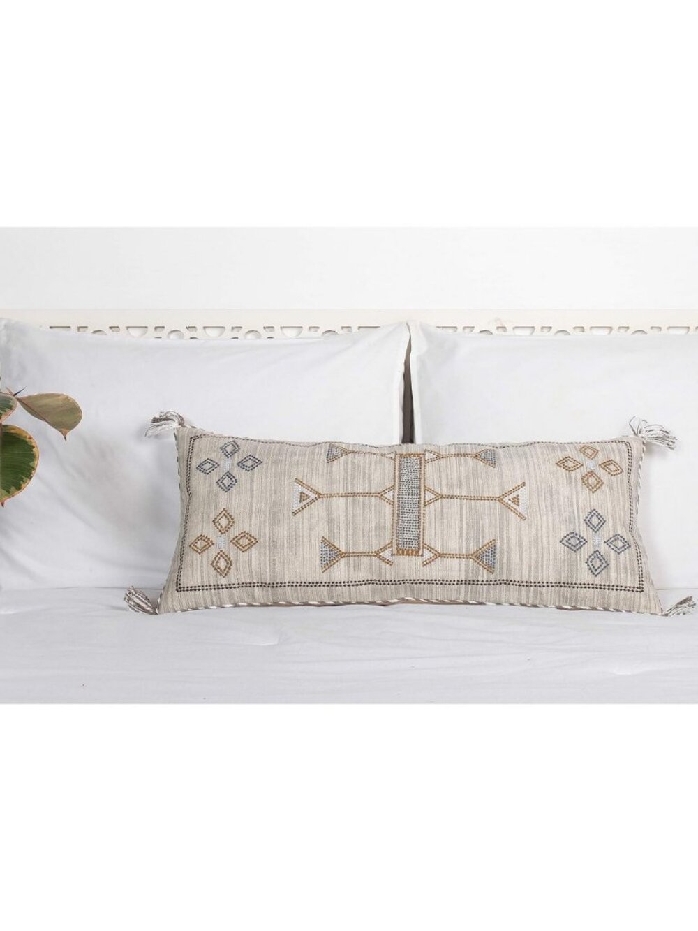 Hand-Woven Cotton Lumbar Pillow Cover, White Decorative Cushion, 12x28 Inches